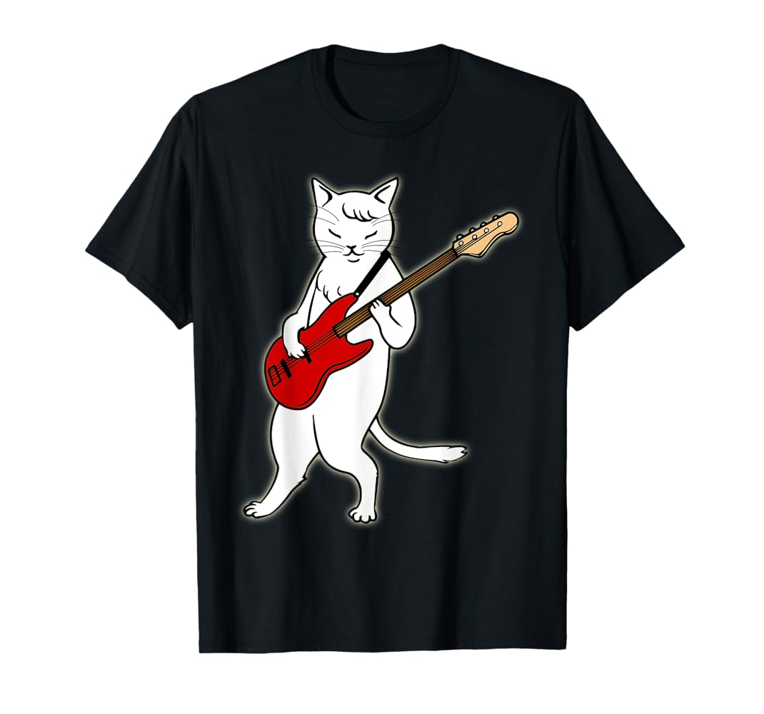 Amazon | ベースギターを弾く猫 Tシャツ | Tシャツ・カットソー 通販